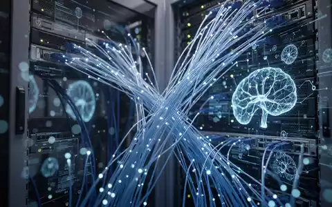 Futuristische Serverräume mit leuchtenden Glasfaserkabeln und abstrakten Datenvisualisierungen eines neuronalen Netzes. - Foto: über boerse-global.de