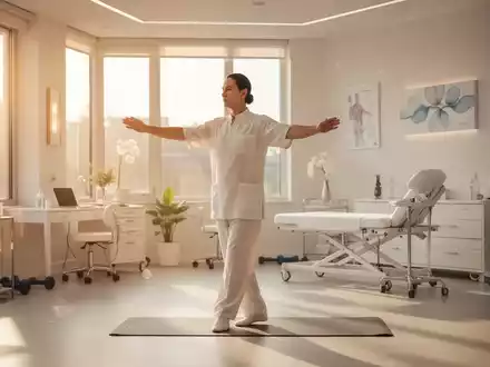 Person bei achtsamen Qigong-Übungen in einem hellen, modernen Raum zur Gesundheitsförderung. - Foto: über boerse-global.de