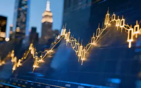 Digitale Aktienmarktgrafik mit steigenden Kursen vor einem verschwommenen Finanzviertel. - Foto: über boerse-global.de