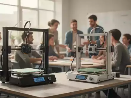 Moderne Schulumgebung mit Schülern bei der Gruppenarbeit und einem 3D-Drucker im Fokus. - Foto: über boerse-global.de