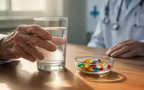 Eine Hand hält ein Glas Wasser neben einer Schale mit Multivitamin-Kapseln auf einem Holztisch. - Foto: über boerse-global.de
