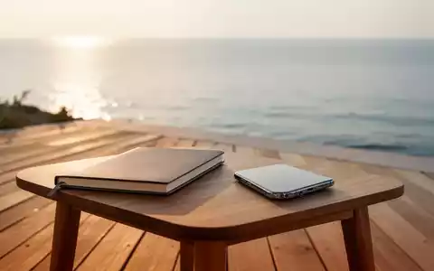 Ein geschlossenes Notizbuch und ein umgedrehtes Smartphone auf einem Holztisch vor einer ruhigen Meereskulisse. - Foto: über boerse-global.de