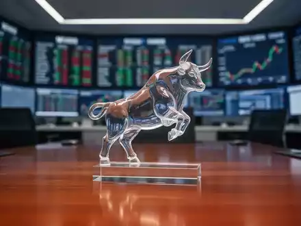 Stilisierte Bullen-Skulptur vor verschwommenen Finanzdaten auf einem modernen Trading-Desk. - Foto: über boerse-global.de
