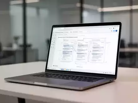 Ein Laptop-Bildschirm zeigt automatisierte Dokumentvorlagen in einem modernen, organisierten Büro. - Foto: über boerse-global.de