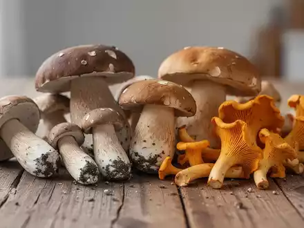 Verschiedene frische Speisepilze auf einem rustikalen Holztisch in natürlichem Licht. - Foto: über boerse-global.de