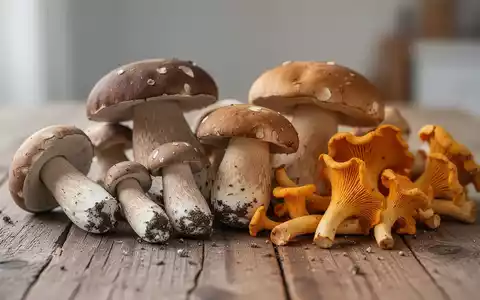 Verschiedene frische Speisepilze auf einem rustikalen Holztisch in natürlichem Licht. - Foto: über boerse-global.de