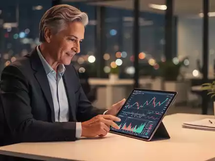 Eine Person mittleren Alters betrachtet Finanzstatistiken auf einem Tablet an einem modernen Arbeitsplatz. - Foto: über boerse-global.de