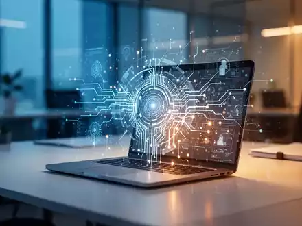 Ein moderner Büroarbeitsplatz mit einem Laptop und einer digitalen KI-Visualisierung als Symbol für den digitalen Wandel. - Foto: über boerse-global.de