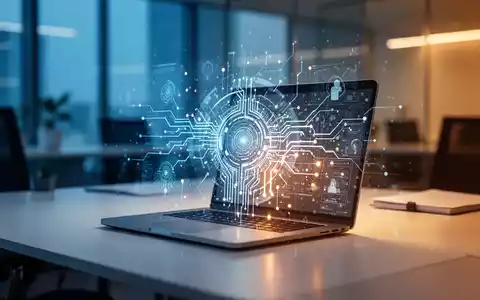 Ein moderner Büroarbeitsplatz mit einem Laptop und einer digitalen KI-Visualisierung als Symbol für den digitalen Wandel. - Foto: über boerse-global.de