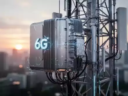 Fortschrittliche 6G-Funkhardware auf einem Telekommunikationsturm bei Sonnenuntergang montiert. - Foto: über boerse-global.de