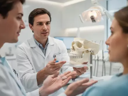 Ein Zahnarzt oder Therapeut erklärt einem Patienten ein Kiefermodell in einer modernen Praxis. - Foto: über boerse-global.de