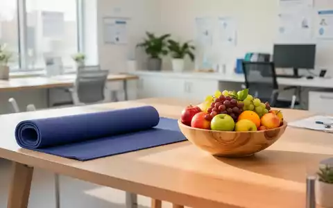 Eine Yogamatte und eine Schale mit frischem Obst auf einem Holztisch in einem modernen Kursraum. - Foto: über boerse-global.de