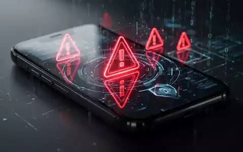 Abstraktes Konzeptbild digitaler Sicherheit mit leuchtenden Warnsymbolen und Binärcode auf einem Smartphone-Display. - Foto: über boerse-global.de
