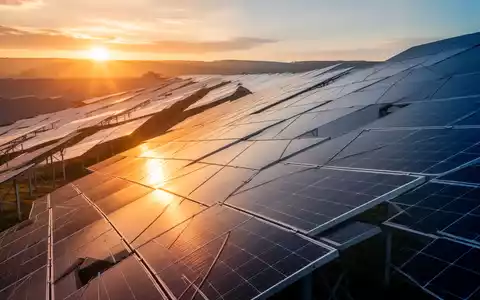 Moderne Solarpark-Anlage bei Sonnenaufgang mit ausgerichteten Photovoltaik-Modulen. - Foto: über boerse-global.de