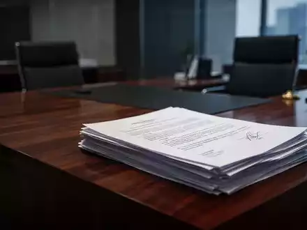 Ein unbesetzter Schreibtisch mit juristischen Unterlagen in einem modernen Bürogebäude als Symbol für arbeitsrechtliche Risiken. - Foto: über boerse-global.de