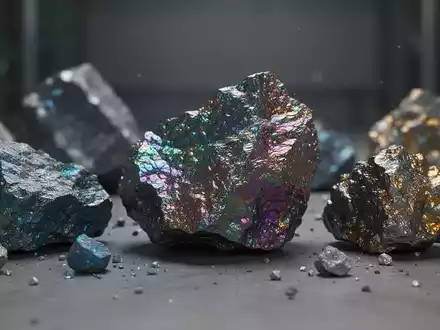 Nahaufnahme von verschiedenen Seltenen Erden Mineralien mit metallischer Textur unter stimmungsvoller Beleuchtung. - Foto: über boerse-global.de