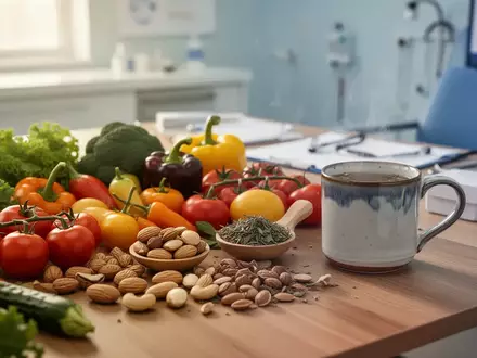 Frische, gesunde Lebensmittel und ein Kräutertee auf einem Holztisch als Symbol für ernährungsmedizinische Therapie. - Foto: über boerse-global.de
