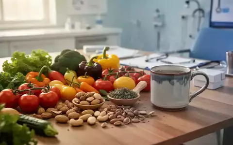 Frische, gesunde Lebensmittel und ein Kräutertee auf einem Holztisch als Symbol für ernährungsmedizinische Therapie. - Foto: über boerse-global.de
