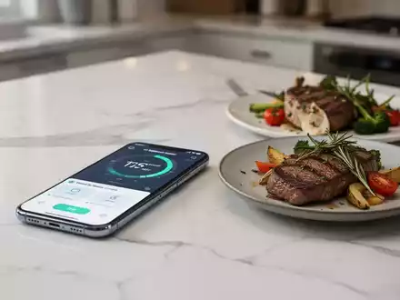 Ein Smartphone mit Ernährungs-App neben einer Mahlzeit auf einem Marmortisch, symbolisch für KI-gestützte Nährwertanalyse. - Foto: über boerse-global.de