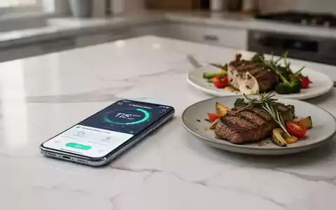 Ein Smartphone mit Ernährungs-App neben einer Mahlzeit auf einem Marmortisch, symbolisch für KI-gestützte Nährwertanalyse. - Foto: über boerse-global.de