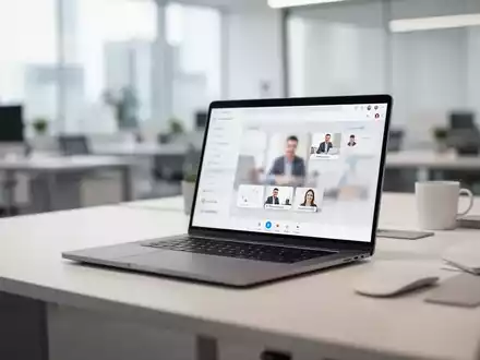 Moderner Büroarbeitsplatz mit Laptop, kollaborativer Oberfläche und weichem, filmischem Licht. - Foto: über boerse-global.de