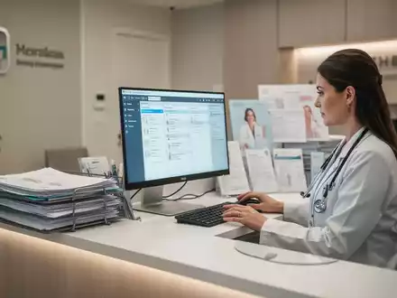 Eine Mitarbeiterin an einer modernen Praxisrezeption bei der professionellen Bearbeitung von Unterlagen. - Foto: über boerse-global.de