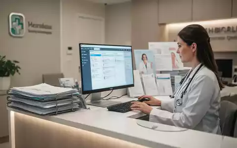 Eine Mitarbeiterin an einer modernen Praxisrezeption bei der professionellen Bearbeitung von Unterlagen. - Foto: über boerse-global.de
