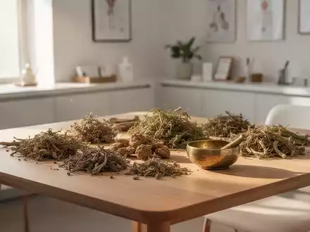 Traditionelle tibetische Kräuter und medizinische Utensilien auf einem Holztisch in einer modernen Praxis. - Foto: über boerse-global.de