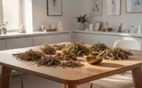Traditionelle tibetische Kräuter und medizinische Utensilien auf einem Holztisch in einer modernen Praxis. - Foto: über boerse-global.de
