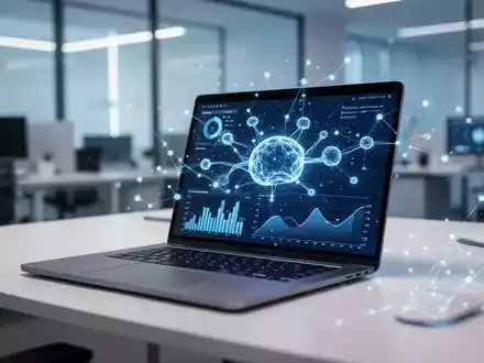 Modernes Büro-Setup mit Laptop und digitaler Datenvisualisierung, das die KI-Integration von Microsoft Copilot symbolisiert. - Foto: über boerse-global.de