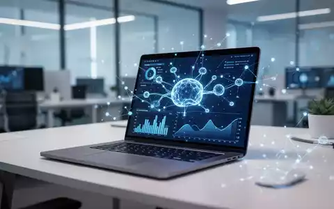 Modernes Büro-Setup mit Laptop und digitaler Datenvisualisierung, das die KI-Integration von Microsoft Copilot symbolisiert. - Foto: über boerse-global.de