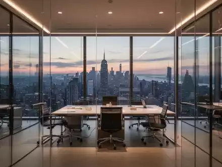 Modernes Büro mit Glasfassade und Blick auf die Skyline einer Stadt in der Abenddämmerung, das Unternehmenswachstum und finanzielle Expansion symbolisiert. - Foto: über boerse-global.de