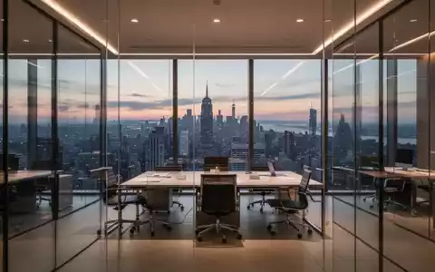 Modernes Büro mit Glasfassade und Blick auf die Skyline einer Stadt in der Abenddämmerung, das Unternehmenswachstum und finanzielle Expansion symbolisiert. - Foto: über boerse-global.de