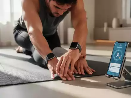 Person beim Dehnübungs-Training zu Hause mit Smartphone-App und Smartwatch zur Unterstützung der Fitness. - Foto: über boerse-global.de