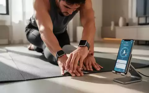 Person beim Dehnübungs-Training zu Hause mit Smartphone-App und Smartwatch zur Unterstützung der Fitness. - Foto: über boerse-global.de