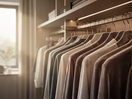 Ein minimalistisch gestalteter, aufgeräumter Kleiderschrank mit ordentlich hängender Kleidung bei natürlichem Licht. - Foto: über boerse-global.de