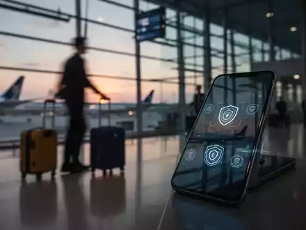 Ein Smartphone in einem belebten Flughafenbereich als Symbol für die Gefahr von Datendiebstahl auf Reisen. - Foto: über boerse-global.de