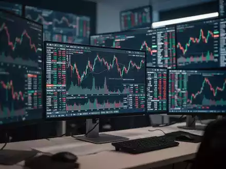 Moderne Finanz-Trading-Monitore mit komplexen Börsendaten und Aktienkurs-Charts in einem professionellen Umfeld. - Foto: über boerse-global.de