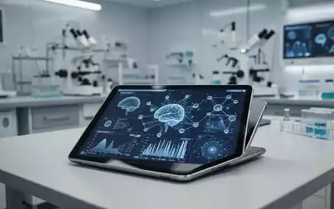 Ein Tablet zeigt komplexe Datenvisualisierungen und neuronale Netzwerkknoten in einer modernen medizinischen Umgebung. - Foto: über boerse-global.de