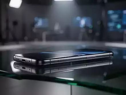 Ein minimalistisches, modernes Smartphone auf einer dunklen Glasoberfläche in einer professionellen Tech-Umgebung. - Foto: über boerse-global.de