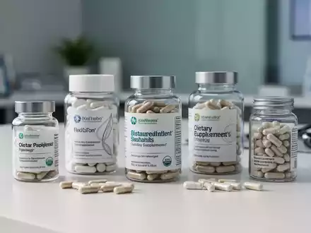 Verschiedene Nahrungsergänzungsmittel und Kapseln zur Unterstützung der Gelenkgesundheit auf einer modernen Ablage. - Foto: über boerse-global.de