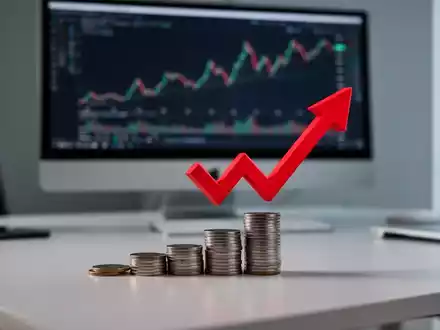 Ein Schreibtisch mit einem Finanzdiagramm auf einem Monitor und einem roten Pfeil, der eine Finanzierungslücke symbolisiert. - Foto: über boerse-global.de