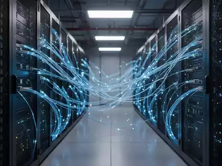 Ein moderner Serverraum mit blau leuchtenden Glasfaserkabeln als Symbol für Cybersicherheit und Datenschutz. - Foto: über boerse-global.de