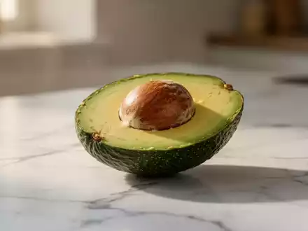 Eine halbierte, frische Avocado auf einer hellen Marmoroberfläche in einer hellen, professionellen Küchenumgebung. - Foto: über boerse-global.de