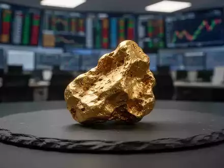 Ein glänzender Goldnugget auf einer dunklen Schieferplatte vor einem verschwommenen Finanzhintergrund. - Foto: über boerse-global.de