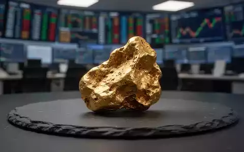 Ein glänzender Goldnugget auf einer dunklen Schieferplatte vor einem verschwommenen Finanzhintergrund. - Foto: über boerse-global.de