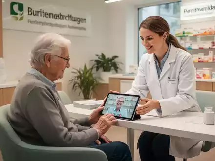 Eine ältere Person nutzt ein Tablet für eine Videosprechstunde in einem diskreten Beratungsraum einer Apotheke mit Unterstützung durch pharmazeutisches Fachpersonal. - Foto: über boerse-global.de