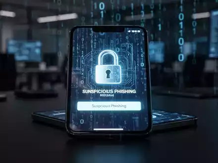Ein Smartphone-Display mit einer verdächtigen Benachrichtigung zur Cybersicherheit in einem dunklen Büro. - Foto: über boerse-global.de