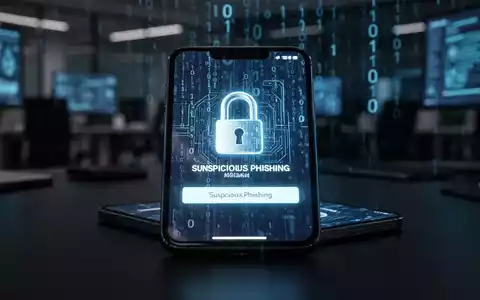 Ein Smartphone-Display mit einer verdächtigen Benachrichtigung zur Cybersicherheit in einem dunklen Büro. - Foto: über boerse-global.de