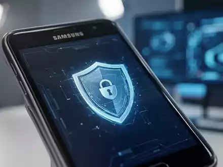 Modernes Samsung Smartphone mit einem Sicherheitssymbol auf dem Display vor unscharfem technischem Hintergrund. - Foto: über boerse-global.de